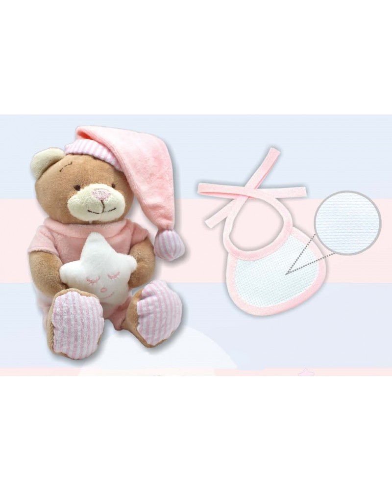 la chiocciolina orsetto peluche PU9 con stellina e bavaglino con tela aida per personalizzazioni colore rosa