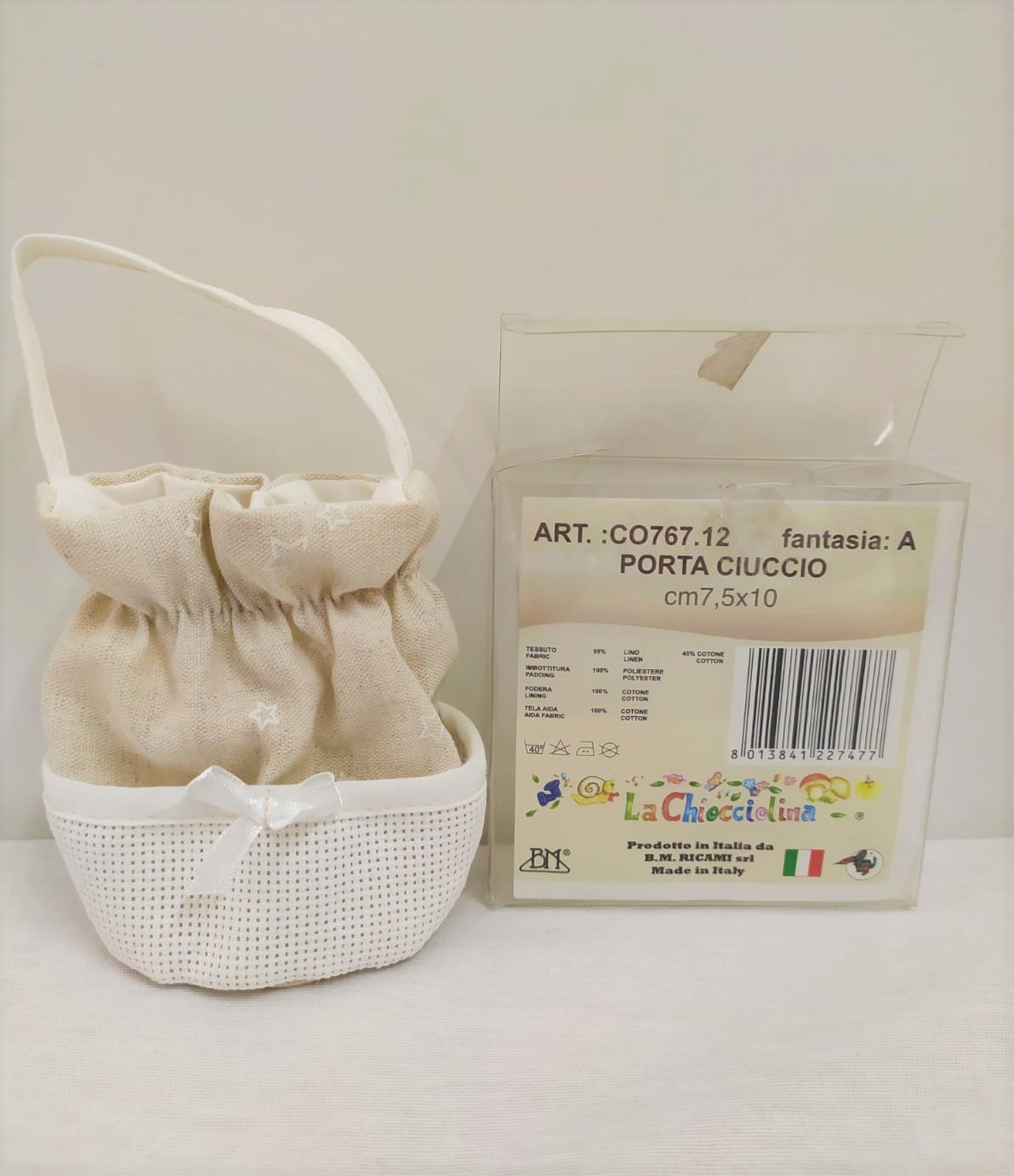 la chiocciolina porta ciuccio lino cotone tela aida personalizzabile stelline