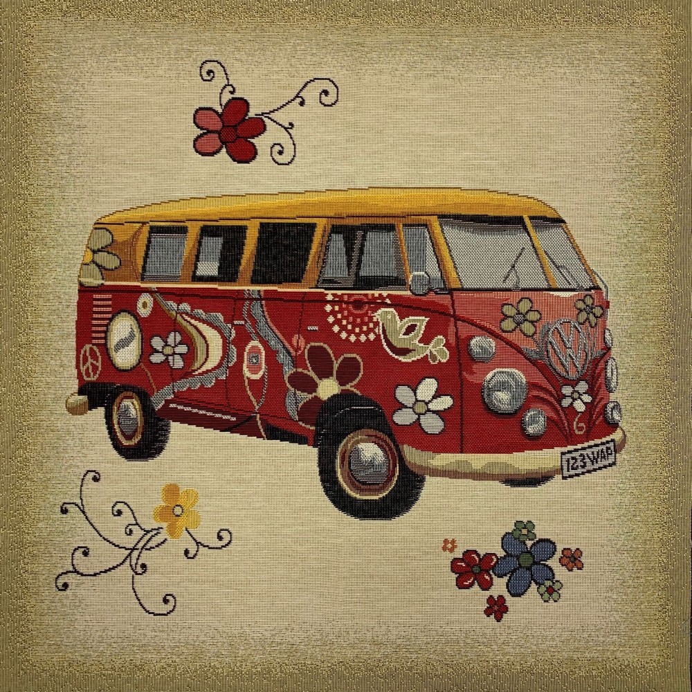 tessuti gobelin pannello 45x45cm furgoncino rosso e giallo con fiori hippy