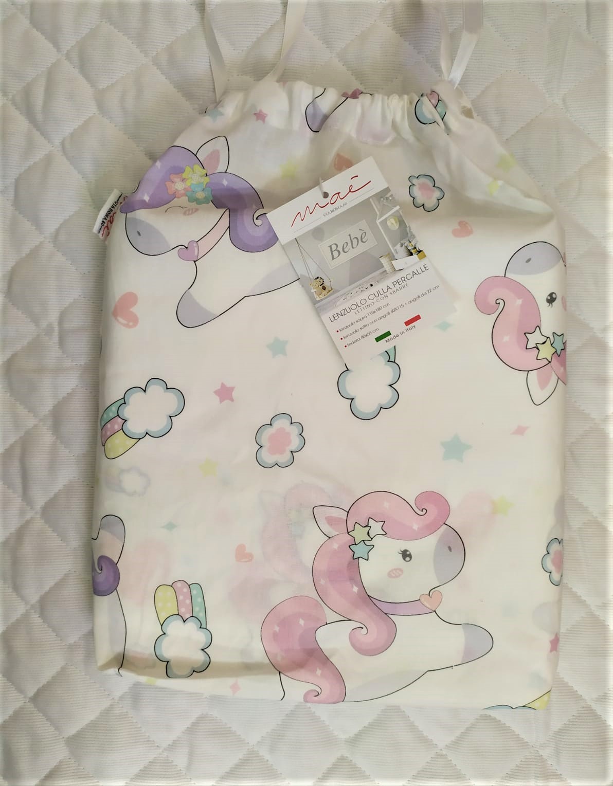 set lenzuolini culla maè via roma 60 baby bebè federa lenzuolo sotto lenzuolo sopra unicorni--